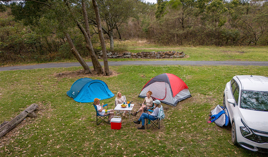 A family camping with tents at Killalea campground. Photo: John Spencer/DCCEEW &copy; DCCEEW