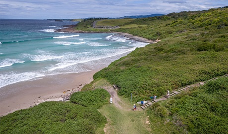 Visitors walking down the path leading to Killalea Beach – The Farm. Photo: John Spencer/DCCEEW &copy; DCCEEW