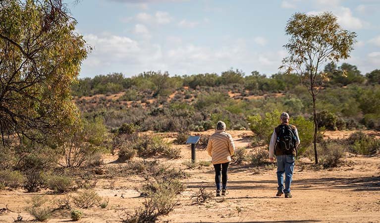 Couple walking the Kinchega Homestead billabong walk. Photo: John Spencer &copy; OEH