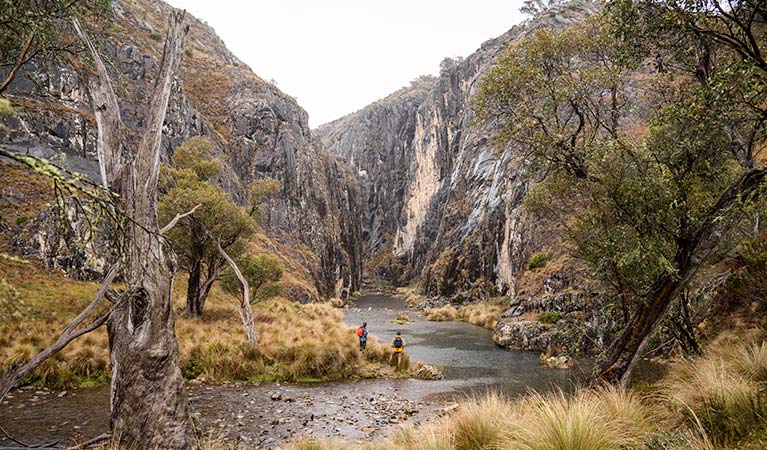 Two men stand on a riverbank in Clarke Gorge, in the High Plains area of Kosciuszko National Park. Photo &copy; Robert Mulally