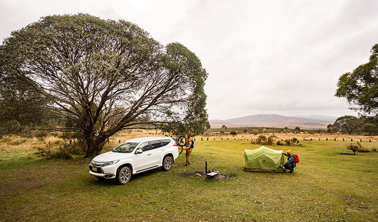 A man sets up a tent next to a fire ring and car at Long Plain Hut campground, Kosciuszko National Park. Photo: Robert Mulally/OEH