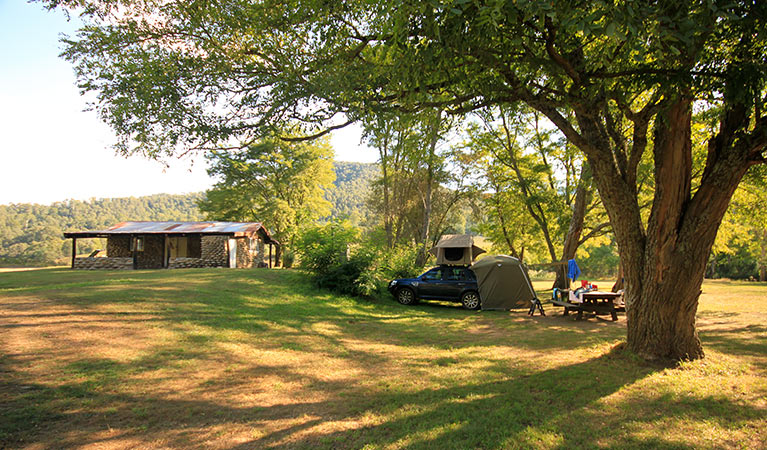 Rooftop tent next to Keebles Hut at Behrs Flat campground, near Geehi, Kosciuszko National Park. Photo: Elinor Sheargold &copy; DPIE