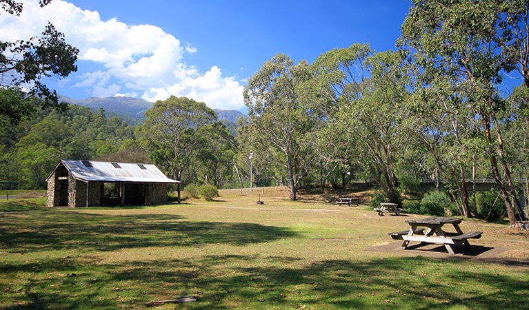 Stone picnic shelter at Geehi Flats picnic area and campground, Kosciuszko National Park. Photo: Elinor Sheargold/OEH