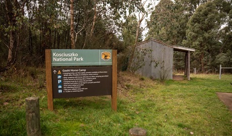 Park signage beside a shelter at Geehi horse camp, Kosciuszko National Park. Photo: Robert Mulally &copy; Robert Mulally