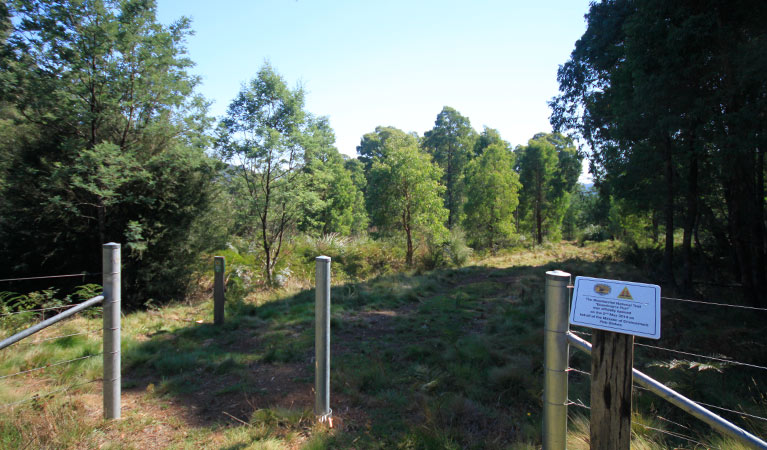 A sign and posts mark the National trail at Geehi horse camp, Kosciuszko National Park. Photo: Elinor Sheargold &copy; DPIE