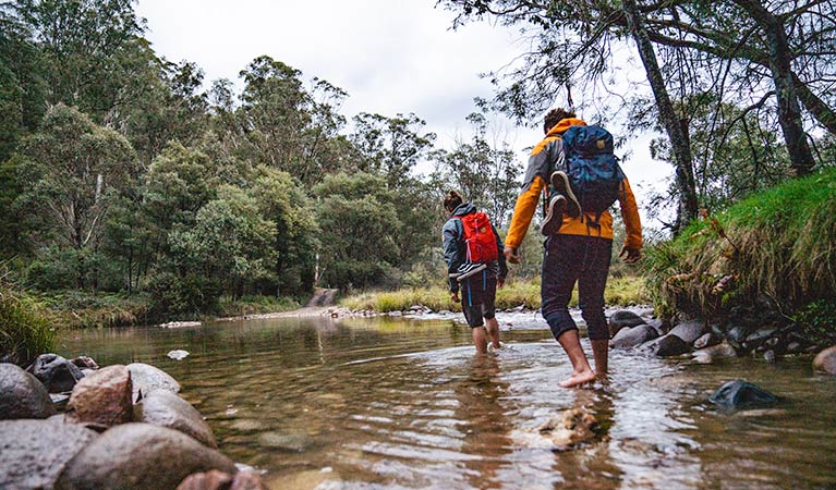 2 barefoot men wade across the Swamp Plain River at Geehi Flats, in Kosciuszko National Park. Photo &copy; Robert Mulally