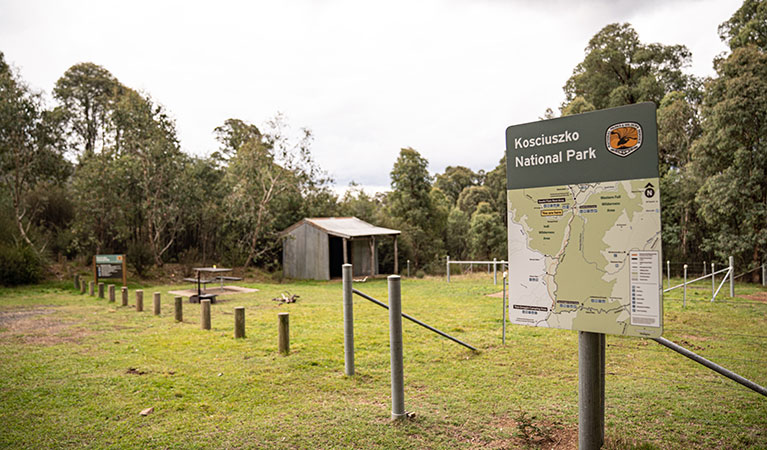 Park sign and map in front of horse shelter and yards, Geehi horse camp, Kosciuszko National Park. Photo: Robert Mulally © Robert Mulally