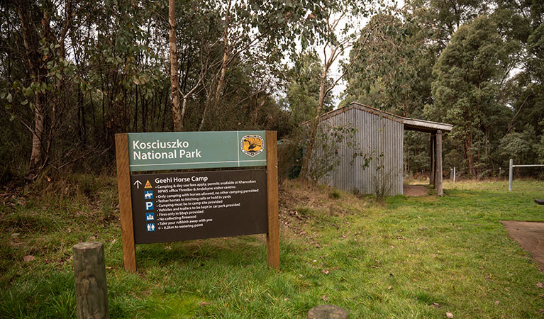 Park signage beside a shelter at Geehi horse camp, Kosciuszko National Park. Photo: Robert Mulally © Robert Mulally