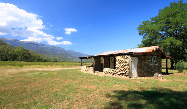 Exterior of Keebles Hut, at Behrs Flat along Geehi huts walk in Kosciuszko National Park. Photo: Elinor Sheargold/OEH.