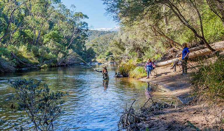 People fly-fishing near Tom Groggin horse camp, Koscisuzko National Park. Photo: Murray Vanderveer/NSW Government