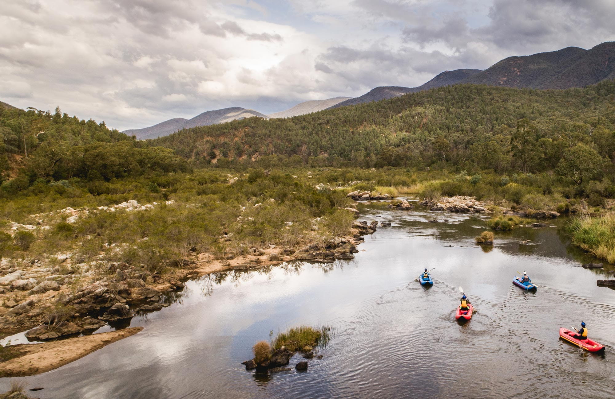 Aerial view of people kayaking and canoeing on the lower Snowy River, Kosciuszko National Park. Photo: Robert Mulally/DPIE