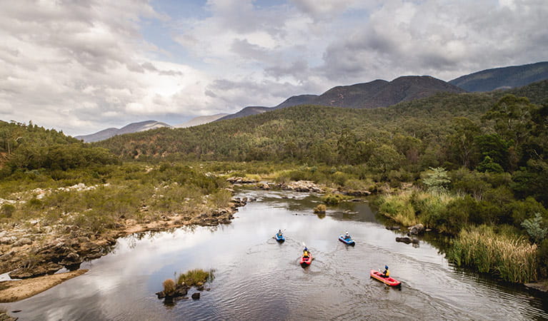 Aerial view of kayakers and canoeists paddling lower Snowy River, Kosciuszko National Park. Photo: Robert Mulally/DPIE