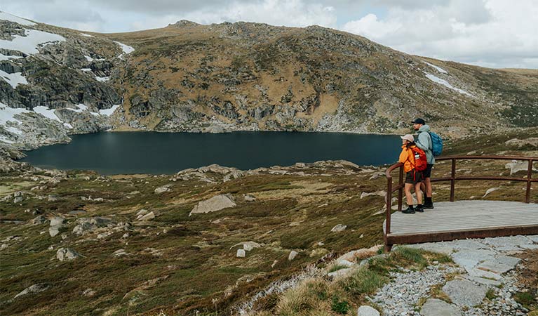 2 people on a viewing platform along Snowies Alpine Walk looking at a view of Blue Lake. Credit: Remy Brand / DCCEEW © Caravel Content