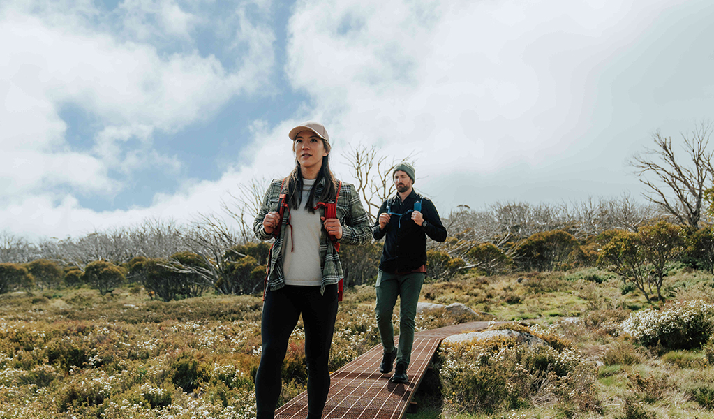 2 hikers on a raised path on Snowies Alpine Walk, Kosciuszko National Park. Credit: Remy Brand  / DCCEEW © Caravel Content