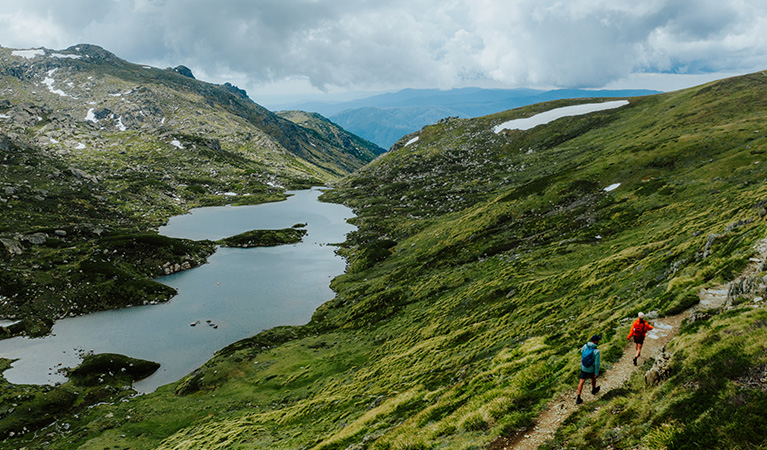 2 hikers on a track along Snowies Alpine Walk with a view of snow-capped mountains and a lake in the background. Credit: Daniel Parsons / DCCEEW © Caravel Content