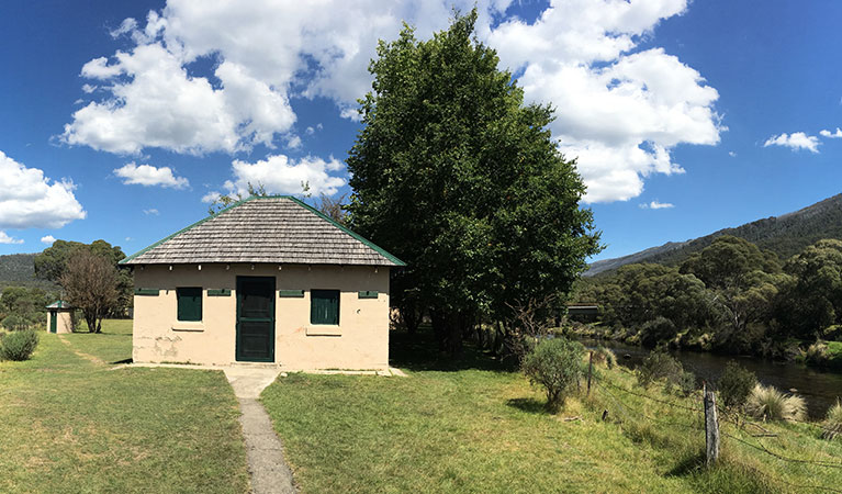 Exterior of historic Bullocks Hut beside the Thredbo River, near Bullocks Flat, Kosckiuszko National Park. Photo: Elinor Sheargold &copy; OEH