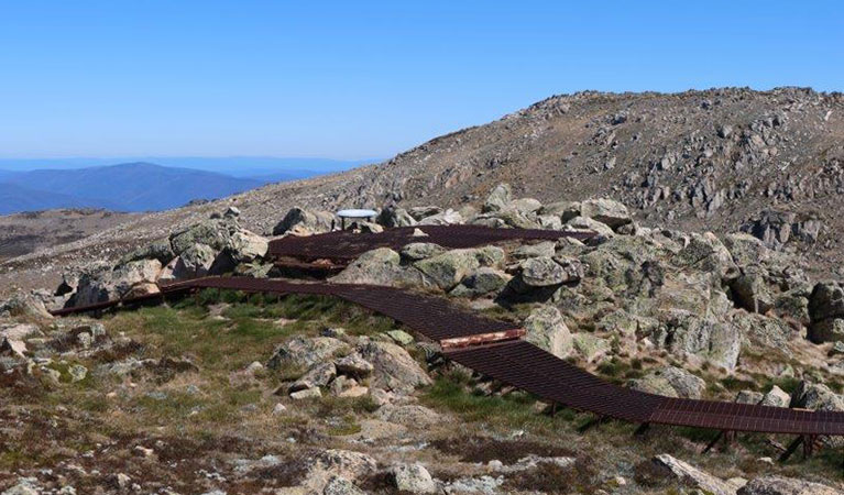 The winding metal mesh path to Cootapatamba lookout in Kosciuszko National Park. Photo: Luke McLachlan &copy; DPIE