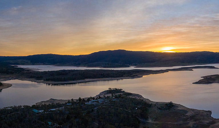 Aerial view of Lake Jindabyne at sunset. Photo: Photo &copy; Murray Vanderveer