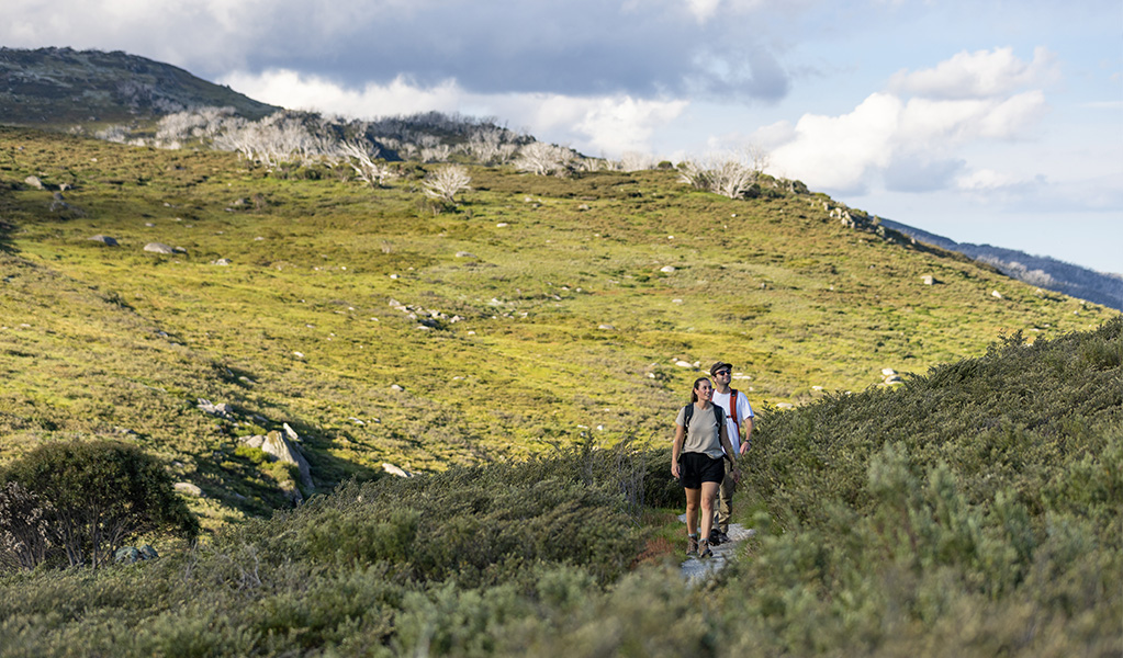 A couple walk through river valley on Guthega to Charlotte Pass walk in Kosciuszko National Park. Boen Ferguson &copy; DPIE