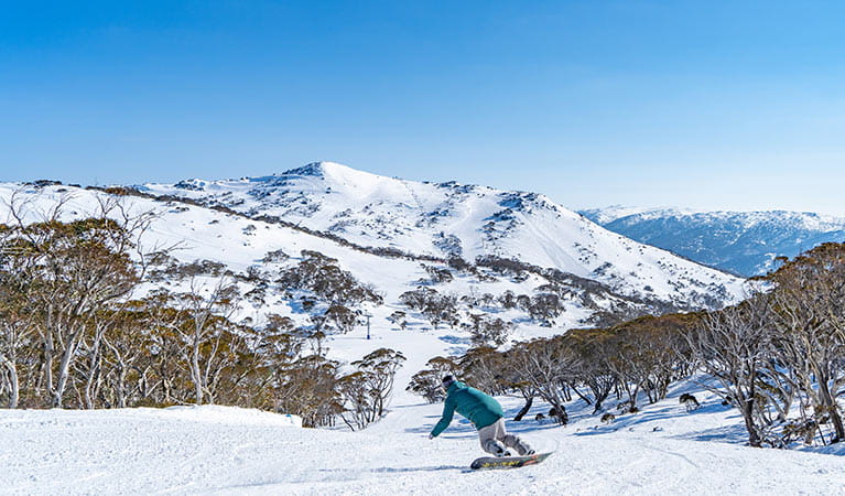 A lone snowboarder rides slopes at Perisher Resort against a backdrop of the Snowy Mountains. Photo: Images supplied courtesy of Perisher Ski Resort