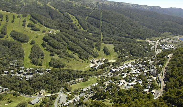 Aerial view of Thredbo village in summer, looking east. Photo: Thredbo Resort