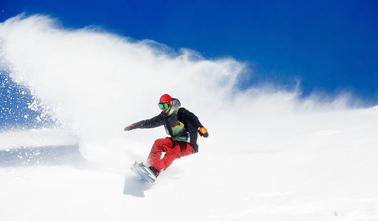 A snowboarder kicks up snow while descending the slopes at Thredbo, Kosciuszko National Park. Photo: Thredbo Resort