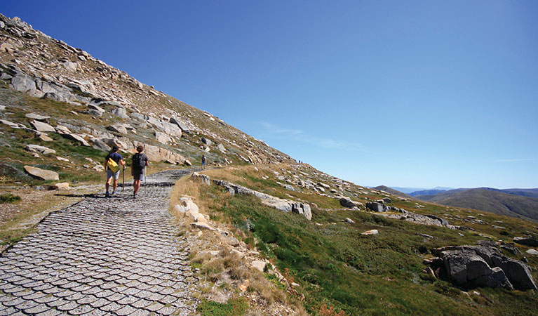 Two men walk up the Mount Kosciuszko summit track, in Kosciuszko National Park. Photo: Elinor Sheargold &copy; DPIE