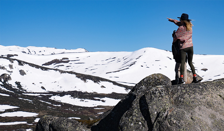 A woman and child take in the view of Kosciuszko National Park from Mount Stilwell walk. Photo &copy; Johnny Mellowes