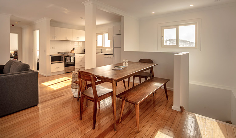 Dining and living area in Numbananga Lodge, Kosciuszko National Park. Photo: Murray Vanderveer/OEH