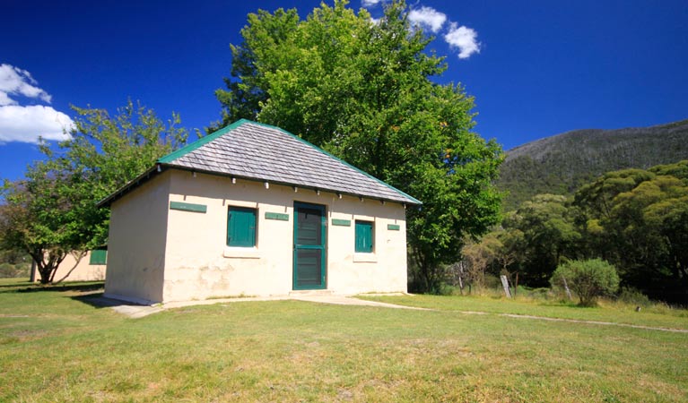 Exterior of historic Bullocks Hut, near Bullocks Flat, in Kosciuszko National Park. Photo: Elinor Sheargold/DPIE