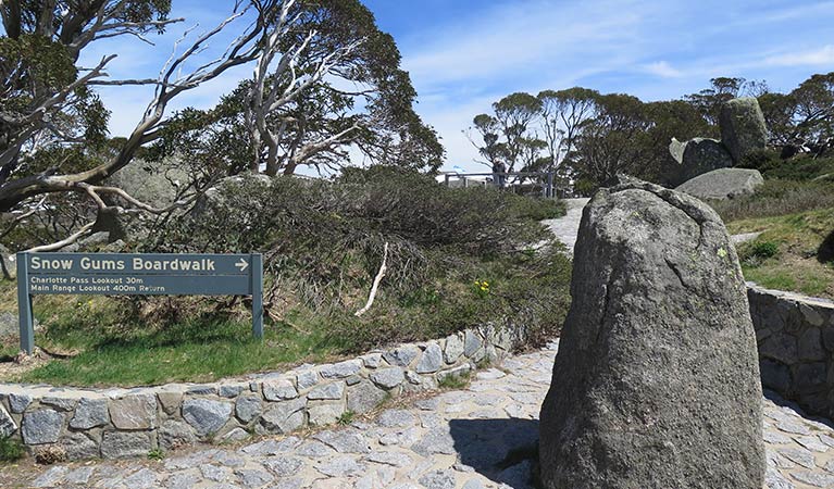 A sign at Kosciuszko Road directing to Charlotte Pass lookout and Snow Gums boardwalk, Kosciuszko National Park. Photo: Elinor Sheargold &copy; OEH