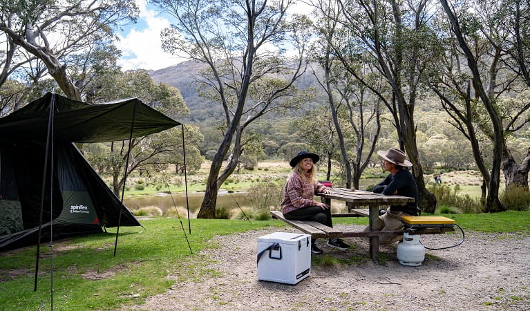 Campers by the river at Thredbo Diggings campground. Photo Jimmy Mellowes &copy; Jimmy Mellowes
