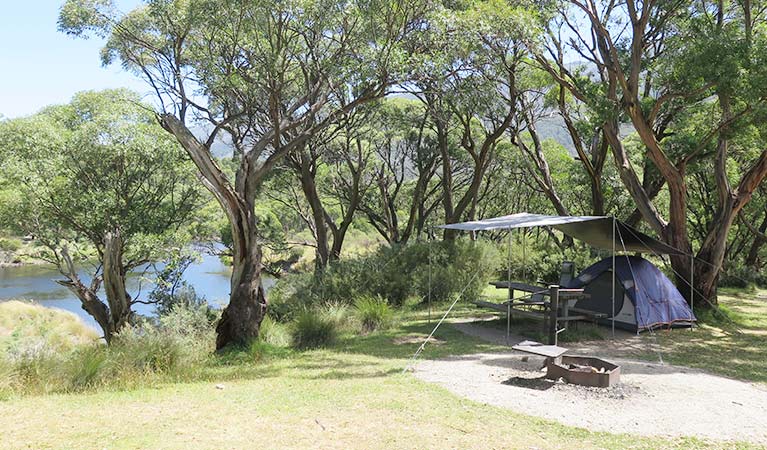 Thredbo Diggings campground tent above the Thredbo River. Photo: E Sheargold/OEH.