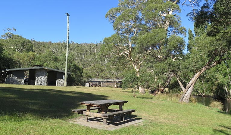 Timber picnic table in front of a shelter at Thredbo River picnic area, Kosciuszko National Park. Photo: Elinor Sheargold/DPIE