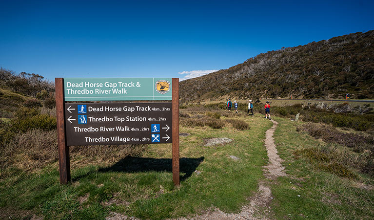 4 people walking past directional signage on Thredbo River track in Kosciusko National Park. Photo &copy; Robert Mulally