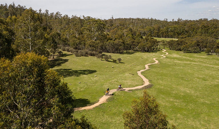 Aerial view of two mountain bike riders cycling a remote section of the lower Thredbo Valley track, Kosciuszko National Park. Photo: Robert Mulally/DPIE