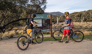 Two mountain bike riders read Thredbo Valley track signage at Thredbo Diggings campground, Kosciuszko National Park. Photo: Robert Mulally/DPIE