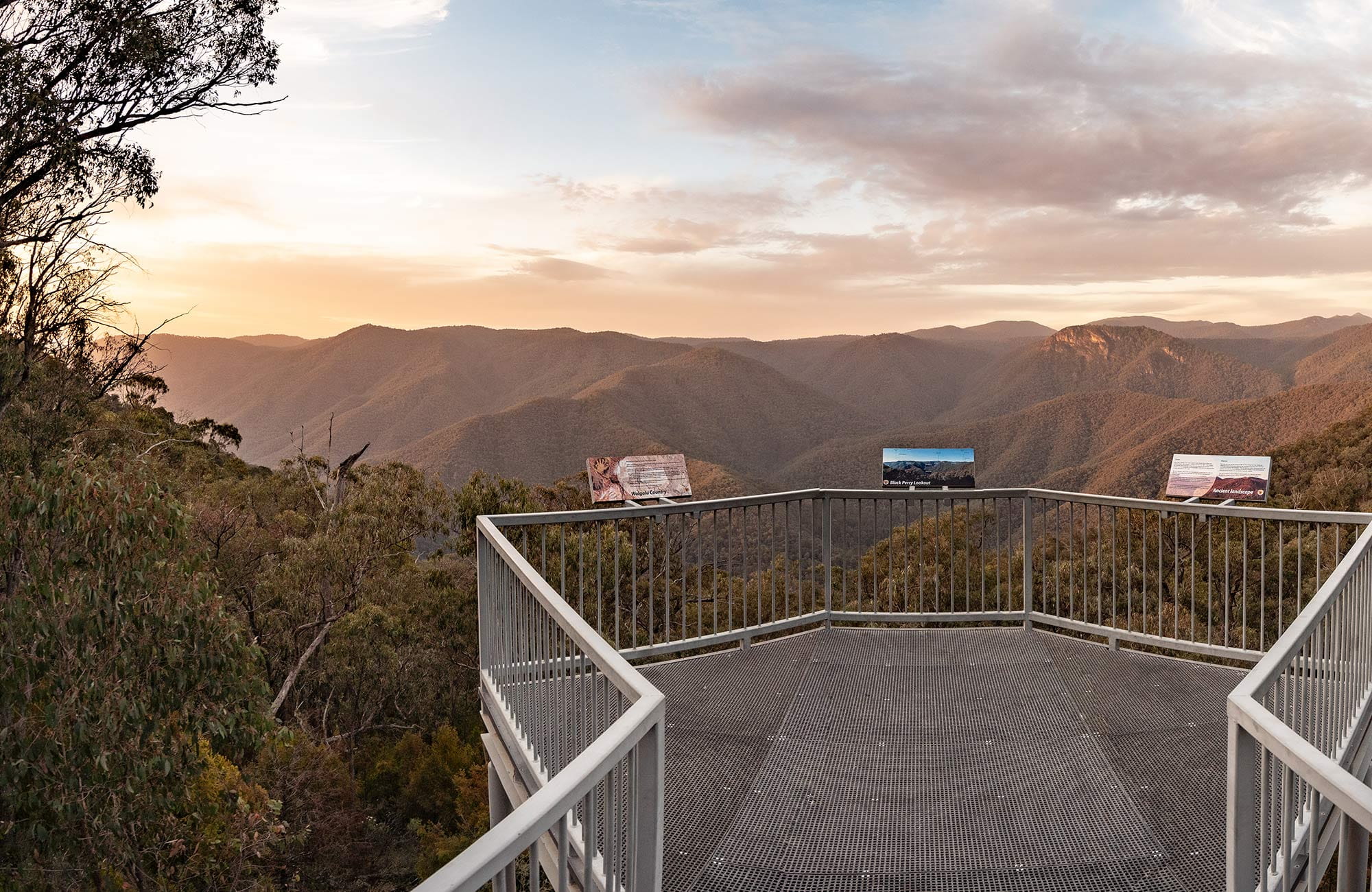View of metal walkway at Black Perry lookout at sunrise, Kosciuszko National Park. Photo: Robert Mulally/OEH