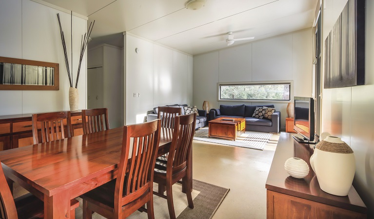 Living and dining room at Lyrebird Cottage, Kosciuszko National Park. Photo: Murray Vanderveer