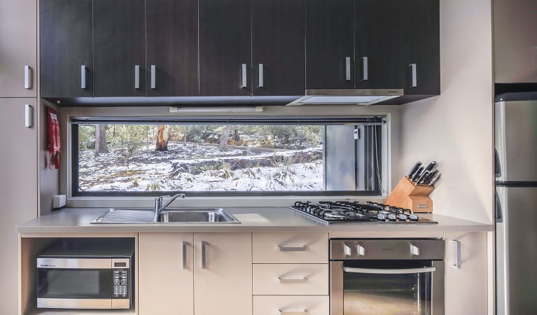 Lyrebird Cottage kitchen, Kosciuszko National Park. Photo: Murray Vanderveer