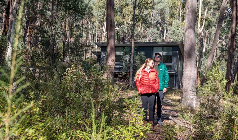 A couple walk through forest near Lyrebird Cottage, Kosciuszko National Park. Photo: Boen Ferguson/OEH.