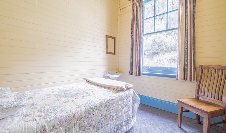 Yarrangobilly Caves House east wing bedroom, Kosciuszko National Park. Photo: Murray Vanderveer.