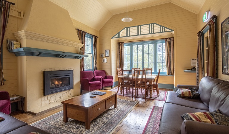 Yarrangobilly Caves House 1901 West Wing lounge and dining, Kosciuszko National Park. Photo: Murray Vanderveer