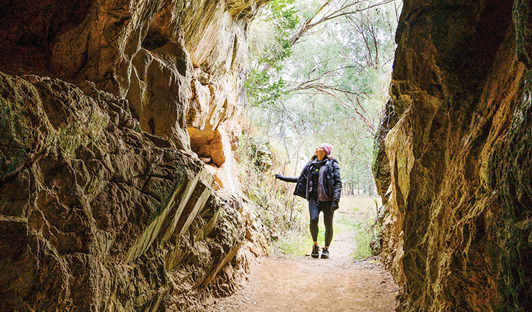 View from cave interior of woman at the entrance, with bush in the background. Photo: Simone Cottrell © OEH