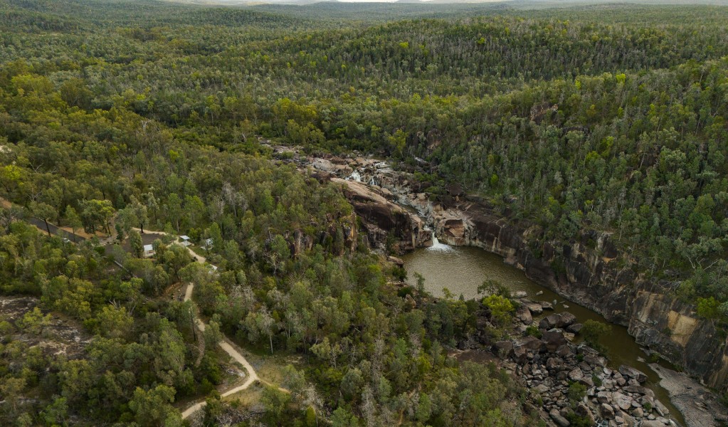 An aerial view of Macintyre Falls and nearby Macintyre Falls picnic area in Kwiambal National Park. Photo: Simon Scott &copy; DCCEEW
