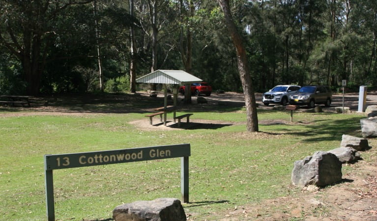 The grassy area at Cottonwood Glen picnic area with picnic shelter and carpark in the distance at Lane Cove National Park. Photo: Nathan Askey-Doran &copy; DPIE
