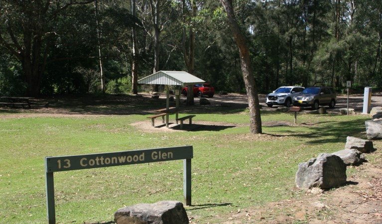 The grassy area at Cottonwood Glen picnic area with picnic shelter and carpark in the distance at Lane Cove National Park. Photo: Nathan Askey-Doran &copy; DPIE