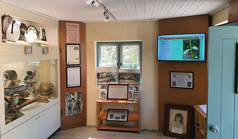 The eastern interior of Jenkins Kitchen with photographs and animals on display in Lane Cove National Park. Photo: Ryan Siddons &copy; DPIE