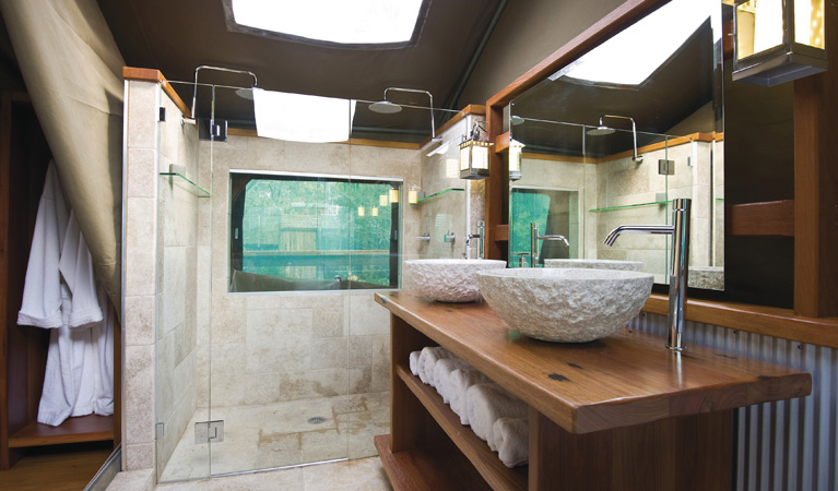 The luxurious bathroom in the safari tent in Lane Cove National Park. Photo: OEH