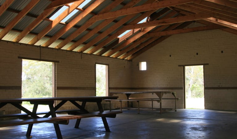 Picnic tables inside a large picnic shelter at Tunks Hill picnic area in Lane Cove National Park. Photo: Nathan Askey-Doran &copy; DPIE